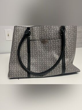 Guess Beige Monogram Tote with Black Trim